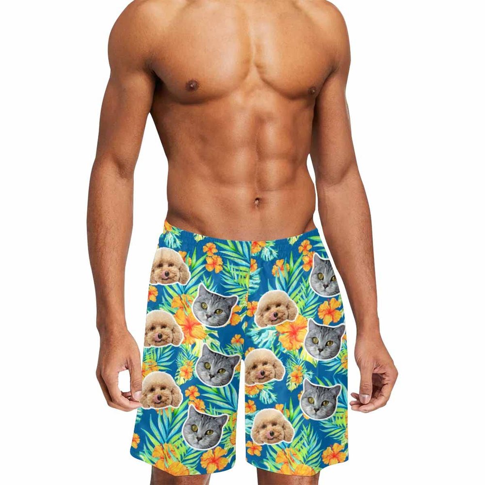 Custom Face Swim Trunks for Men Personalized Photo Hawaiian Print Dissolving Swim Trunks Funny Beach Board Shorts with Pet Dog Face Customized Gifts for Dad Husband BF Birthday - XS
