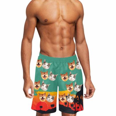 Custom Face Swim Trunks for Men Personalized Photo Hawaiian Print Dissolving Swim Trunks Funny Beach Board Shorts with Pet Dog Face Customized Gifts for Dad Husband BF Birthday - 3XL