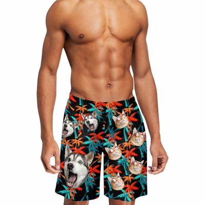 Custom Face Swim Trunks for Men Personalized Photo Hawaiian Print Dissolving Swim Trunks Funny Beach Board Shorts with Pet Dog Face Customized Gifts for Dad Husband BF Birthday - 5XL