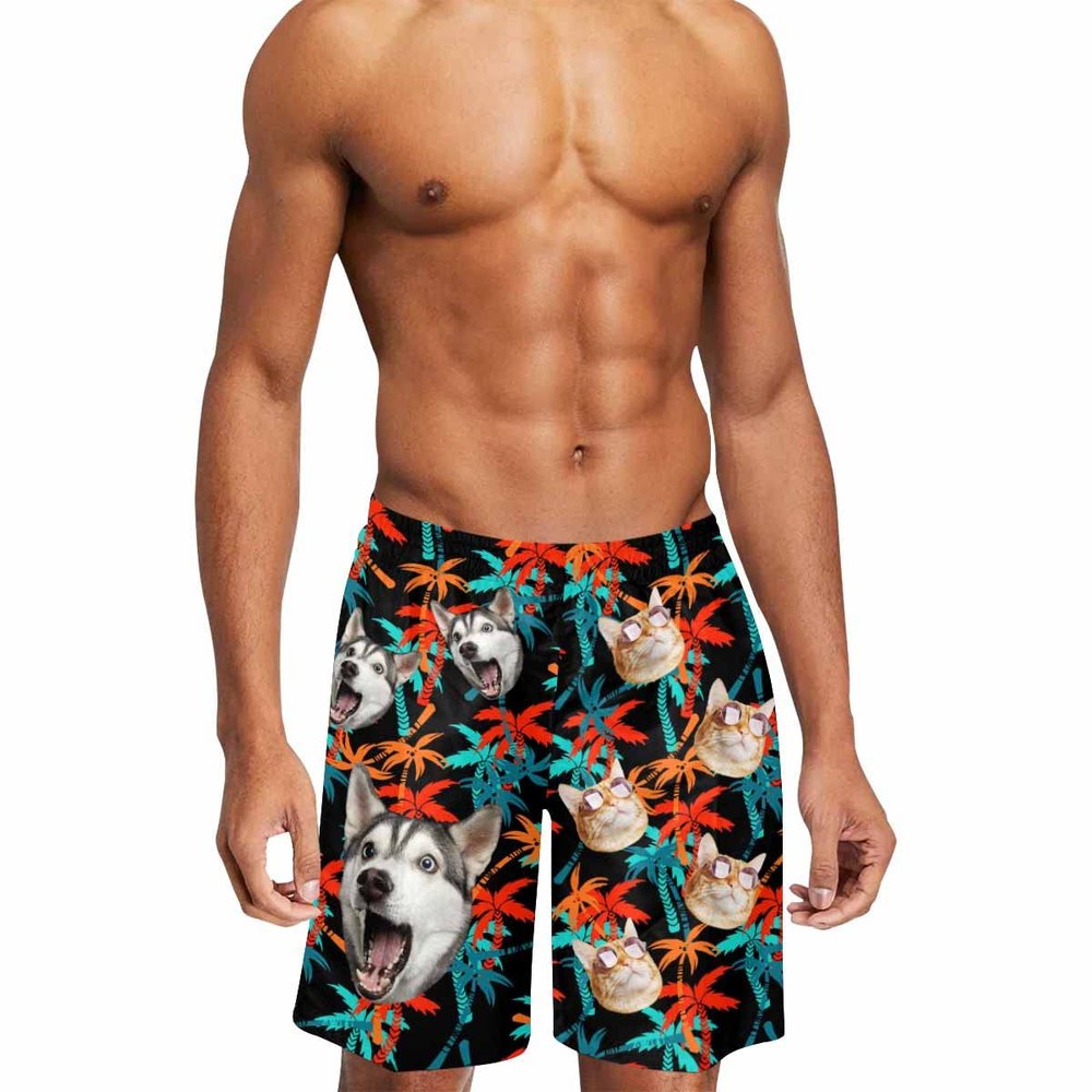 Custom Face Swim Trunks for Men Personalized Photo Hawaiian Print Dissolving Swim Trunks Funny Beach Board Shorts with Pet Dog Face Customized Gifts for Dad Husband BF Birthday - 5XL