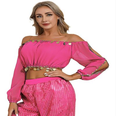 iiniim Women's Chiffon Belly Dance Tops Puff Sleeve Belly Dancing Costume Practice Dancing Costume Hot Pink One Size