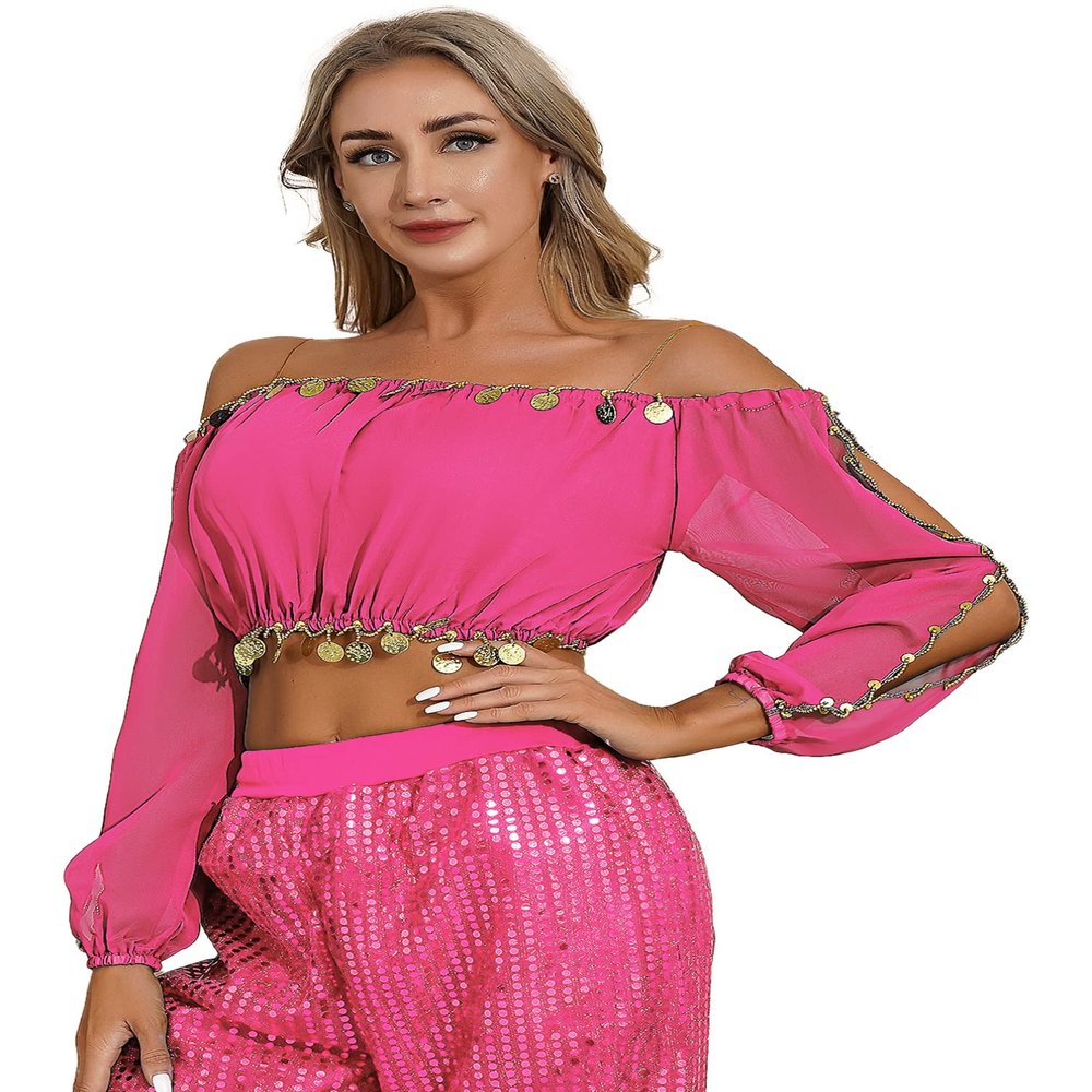 iiniim Women's Chiffon Belly Dance Tops Puff Sleeve Belly Dancing Costume Practice Dancing Costume Hot Pink One Size