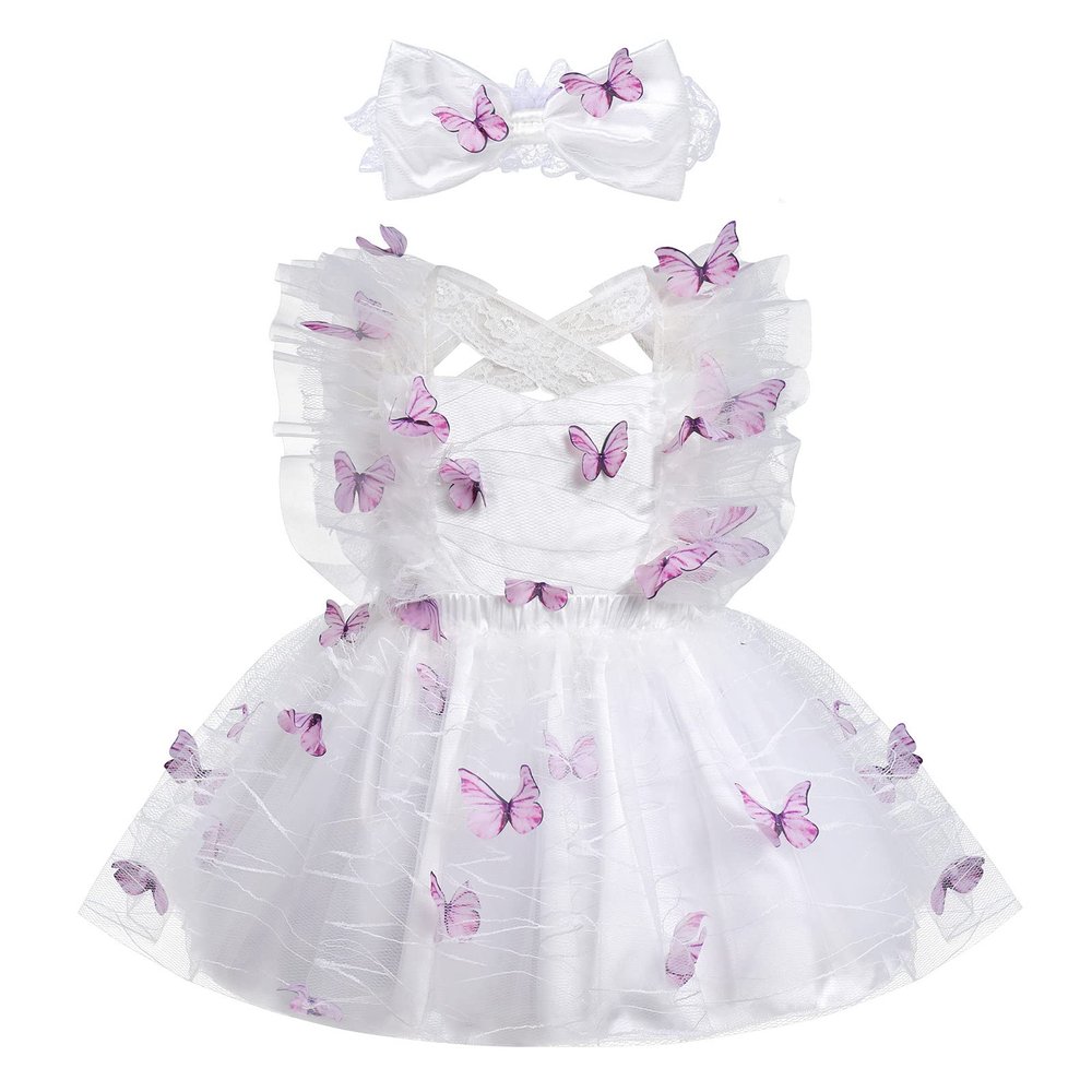 Butterfly Outfit for Girls, Birthday Princess Outfit, Baby Girls Lace Tutu Dress Birthday Party Tulle Babydoll Dresses Summer Beach Photoshoot Party Dance Clothes Set White - Butterfly 18-24 Months