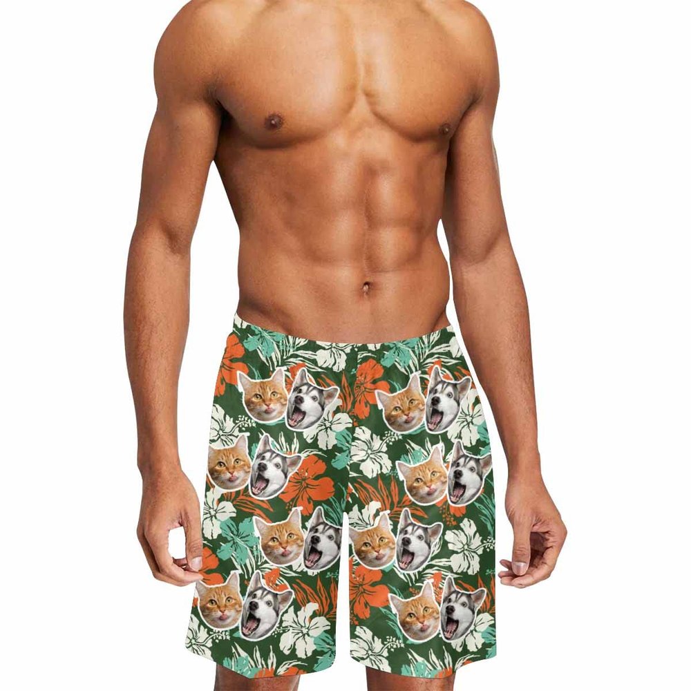Custom Face Swim Trunks for Men Personalized Photo Hawaiian Print Dissolving Swim Trunks Funny Beach Board Shorts with Pet Dog Face Customized Gifts for Dad Husband BF Birthday - M