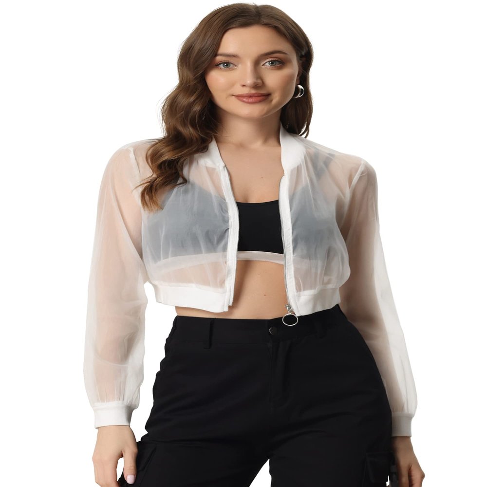 Allegra K Mesh Crop Jacket for Women's Party Club Lightweight Long Sleeve Bomber Sheer Jacket Medium White