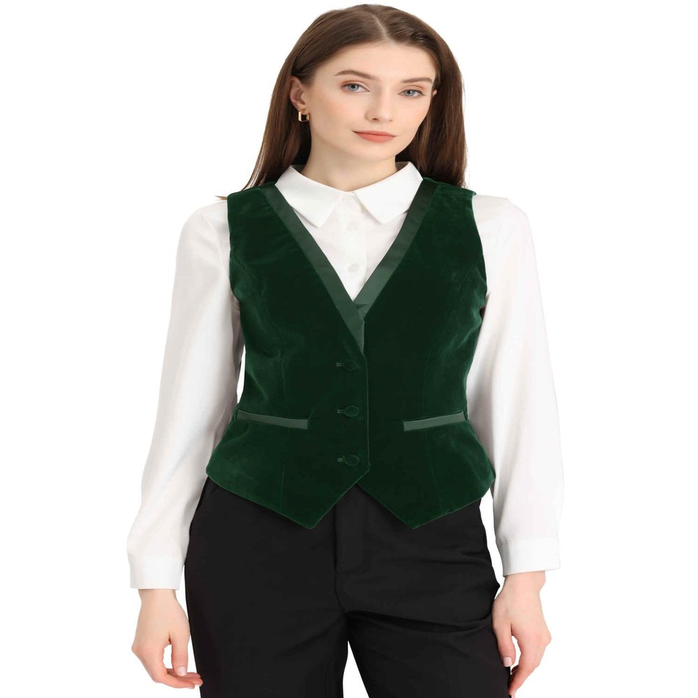 Allegra K Waistcoat for Women's Steampunk Velvet Vintage 2025 Sleeveless Blazer Dressy Suit Vests Medium Dark Green