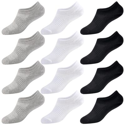 No Show Socks Girls 12 Pairs Kids Low Cut Non Slip Socks Boys Cotton Breathable Short Sock 5-8 Years Children(Black+White+Grey, XS)