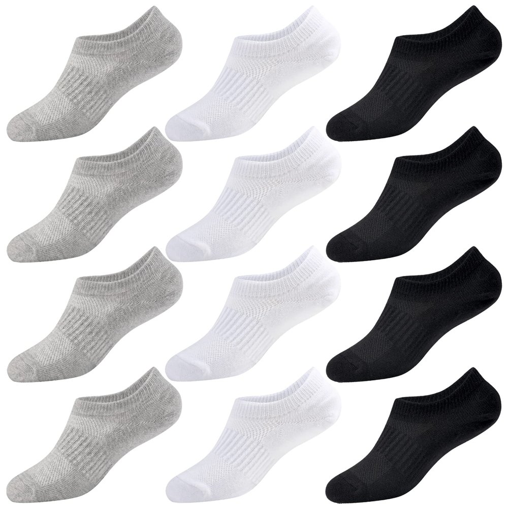No Show Socks Girls 12 Pairs Kids Low Cut Non Slip Socks Boys Cotton Breathable Short Sock 5-8 Years Children(Black+White+Grey, XS)
