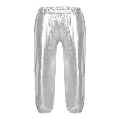 ACSUSS Girls Metallic Jogger Pants Shiny Jazz Hip Hop Dancewear Youth High-Waist Leg Openings Trousers Silver 8 Years