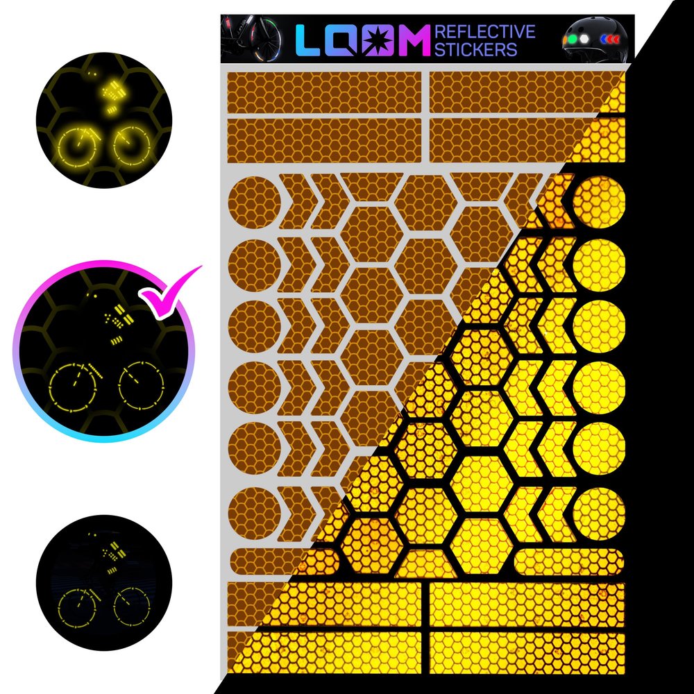 LOOM Reflective Stickers | 67pc Prismatic YLW | Reflective Stickers for Helmet, Bike, Motorcycle, Hard Hat | Waterproof Reflectors for Car, Trailer | Bike Reflectors for Night Riding