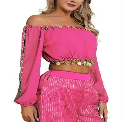 easyforever Women's Sequined Beaded Belly Dance Outfits Top Long Sleeve Chiffon Cropped Top Hot Pink One Size