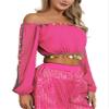 easyforever Women's Sequined Beaded Belly Dance Outfits Top Long Sleeve Chiffon Cropped Top Hot Pink One Size view 1