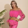 easyforever Women's Sequined Beaded Belly Dance Outfits Top Long Sleeve Chiffon Cropped Top Hot Pink One Size view 2