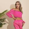 easyforever Women's Sequined Beaded Belly Dance Outfits Top Long Sleeve Chiffon Cropped Top Hot Pink One Size view 4
