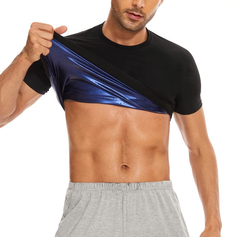 SHAPERIN Sauna Shirt for Men Short Sleeve Sauna Top Heat Trapping T-shirt Sauna Suit Sweat Vest Body Shaper Gym Workout (Black,2XL)