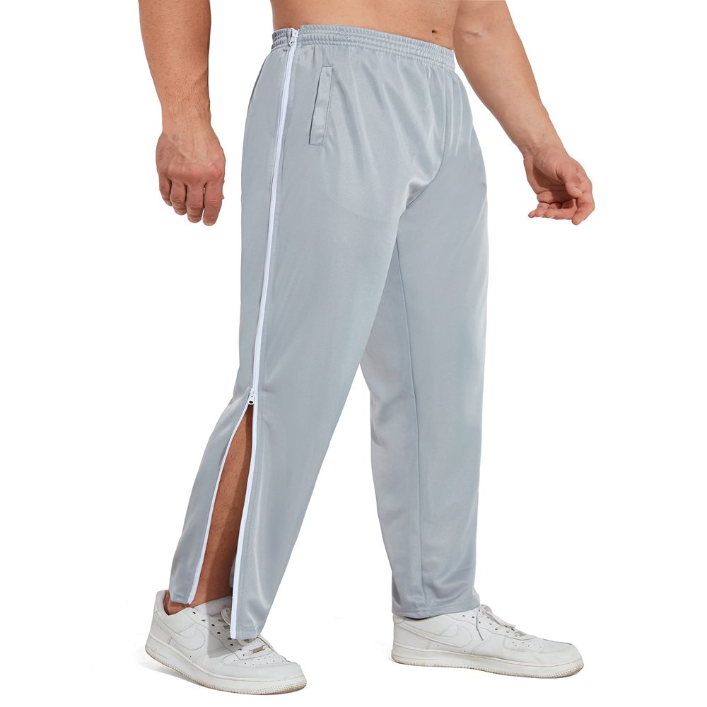 AIFARLD Tear Away Pants for Men Mens Basketball Sweatpants 2 Side Zippers with Pockets for Knee/Leg Post-Surgery Grey