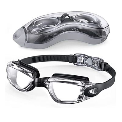 Waterproof and anti-fog swimming goggles for adults with silicone nose clip earplugs unisex electroplated swimming glasses (Flat light black)