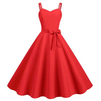 Red Solid Spaghetti Cami Strap Dresses for Women Hidden Zipper High Waist Midi Dress Sleeveless Knee Length Flare Hem 50S 60S Swing Vintage Dresses M