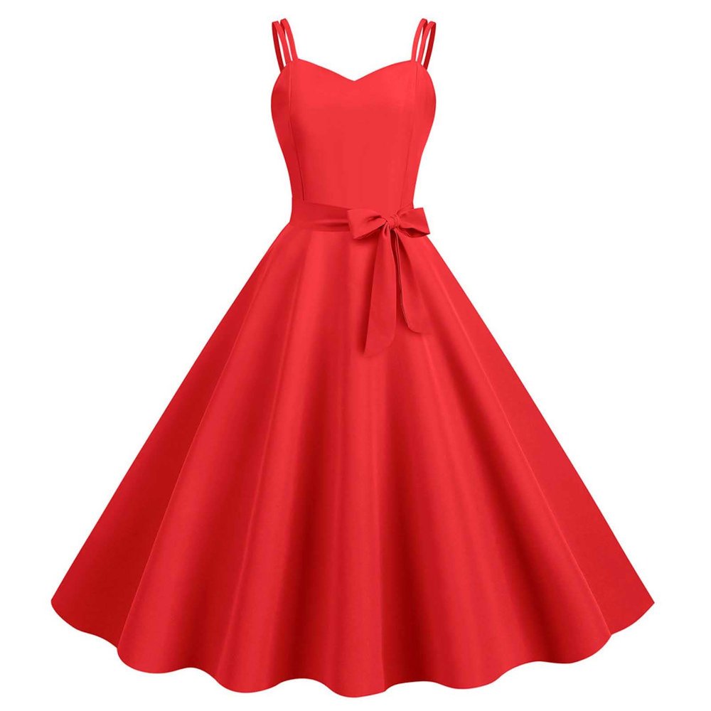 Red Solid Spaghetti Cami Strap Dresses for Women Hidden Zipper High Waist Midi Dress Sleeveless Knee Length Flare Hem 50S 60S Swing Vintage Dresses M