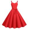Red Solid Spaghetti Cami Strap Dresses for Women Hidden Zipper High Waist Midi Dress Sleeveless Knee Length Flare Hem 50S 60S Swing Vintage Dresses M view 1