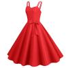 Red Solid Spaghetti Cami Strap Dresses for Women Hidden Zipper High Waist Midi Dress Sleeveless Knee Length Flare Hem 50S 60S Swing Vintage Dresses M view 2