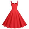Red Solid Spaghetti Cami Strap Dresses for Women Hidden Zipper High Waist Midi Dress Sleeveless Knee Length Flare Hem 50S 60S Swing Vintage Dresses M view 3