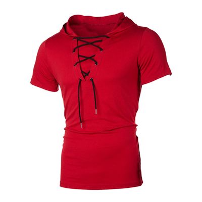 Men's Lace Up Short Sleeve Hooded T-Shirt Solid Color Slim Casual Hip-Hop T-Shirt Drawstring Hipster Hoodie Tee (Red,3X-Large)