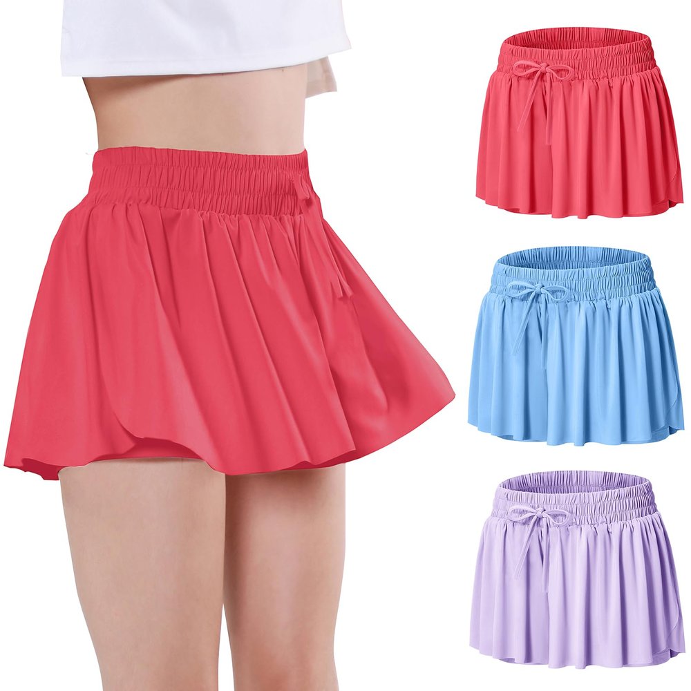 EXARUS 3 Pack Girls Shorts Butterfly Flowy Athletic Skort Dance Cheer Outfits Teen Running Skirts Preppy Tennis 2 in 1 Flutter Gym Kids Tween Clothes Red Blue Purple 8Y