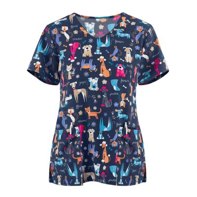 Womens Scrub Tops Dog Print Scrub Nursing V Neck Tops Cute Cat Plus Size Fun Animal Print Stretch Kawaii Pediatric Nurse Uniform Shirt with Pockets Dark Blue Nurse Tunic Tops XL