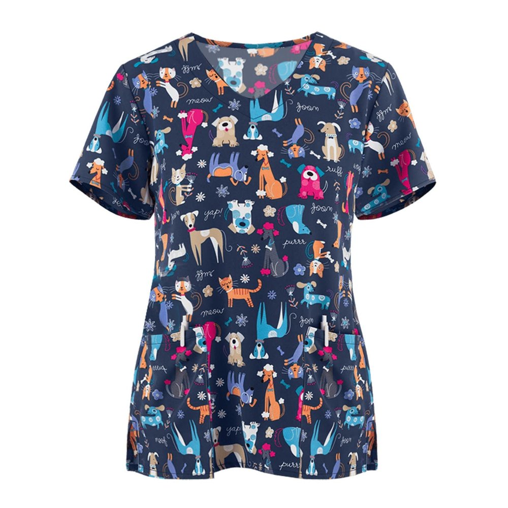 Womens Scrub Tops Dog Print Scrub Nursing V Neck Tops Cute Cat Plus Size Fun Animal Print Stretch Kawaii Pediatric Nurse Uniform Shirt with Pockets Dark Blue Nurse Tunic Tops XL