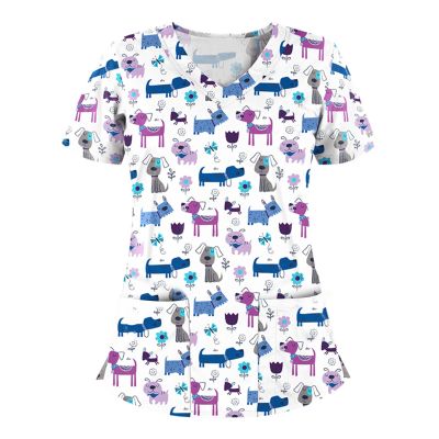 Scrub Tops Women Stretchy Dog Print Scrub Nursing V Neck Tops Cute Cat Plus Size Fun Animal Print Stretch Kawaii Pediatric Nurse Uniform Shirt with Pockets White Nurse Tshirts Medium