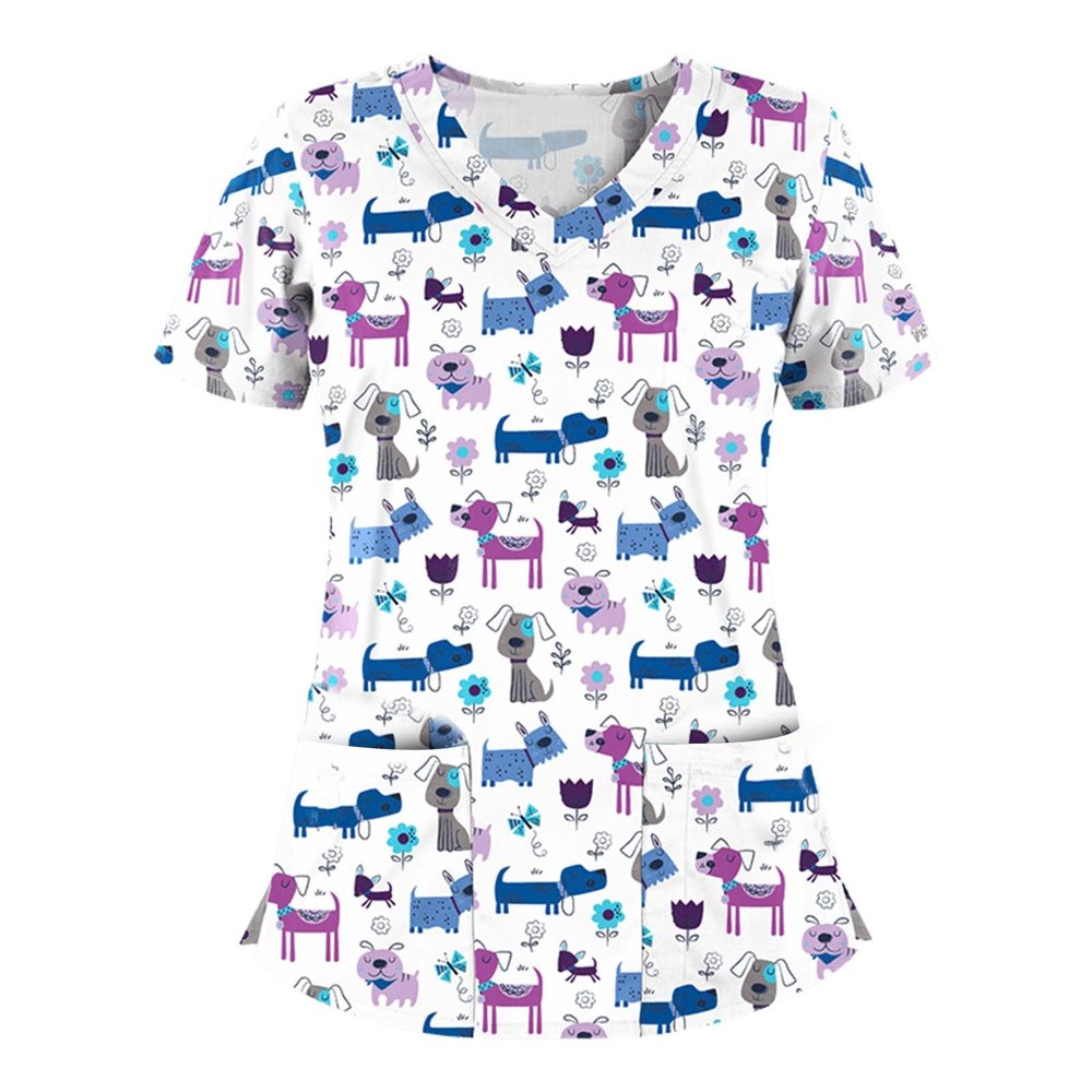 Scrub Tops Women Stretchy Dog Print Scrub Nursing V Neck Tops Cute Cat Plus Size Fun Animal Print Stretch Kawaii Pediatric Nurse Uniform Shirt with Pockets White Nurse Tshirts Medium