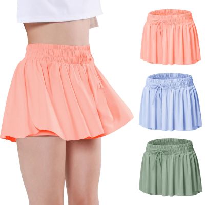 EXARUS 3 Pack Girls Shorts Butterfly Flowy Athletic Skort Dance Cheer Outfits Teen Running Skirts Preppy Tennis 2 in 1 Flutter Gym Kids Tween Clothes Green Blue Orange 7Y
