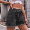 XUETON Womens Causal Drawstring Denim Shorts Summer Elastic Waist Raw Hem Comfy Jeans Shorts with Pockets(Grey,Small) view 2