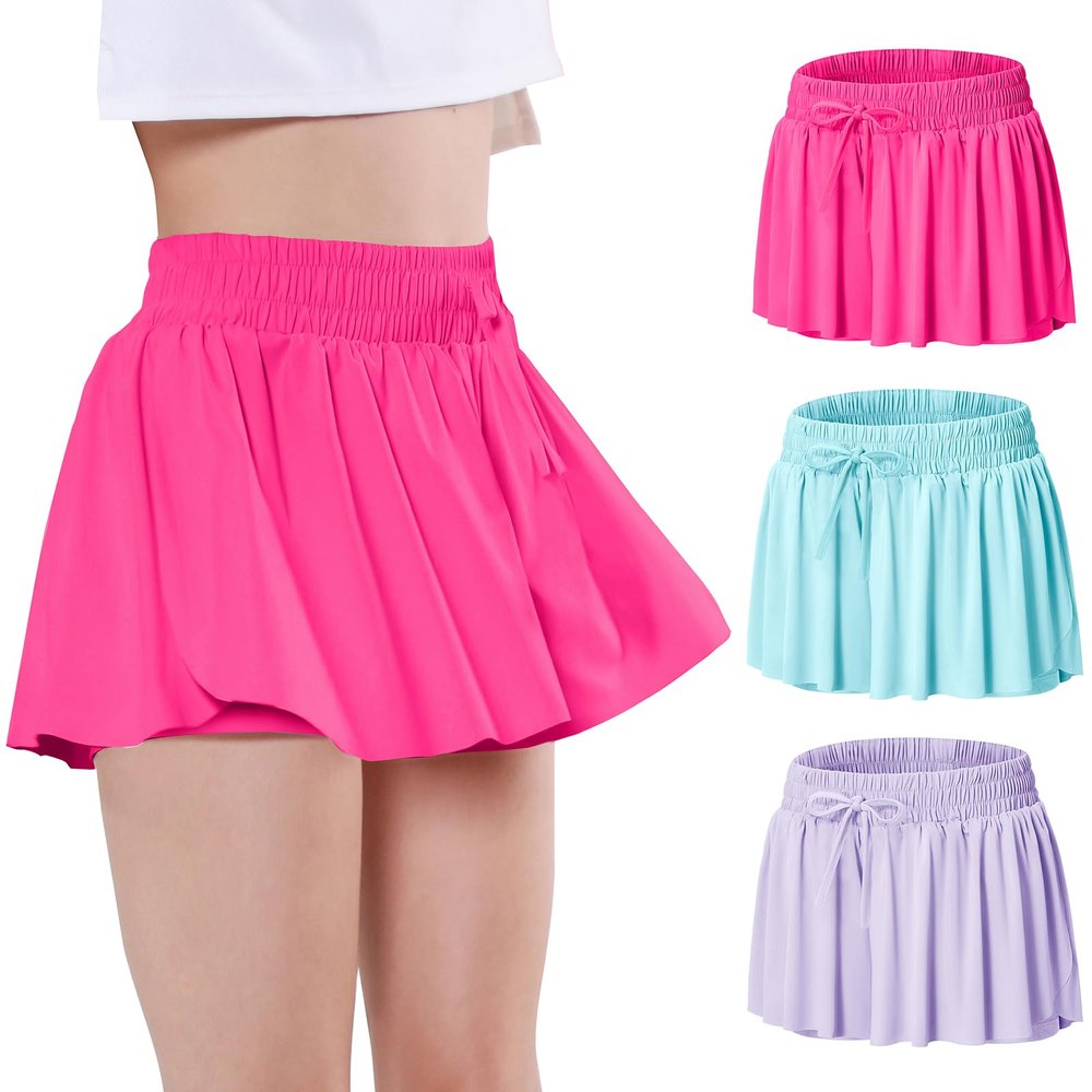 EXARUS 3 Pack Girls Shorts Butterfly Flowy Athletic Skort Dance Cheer Outfits Teen Running Skirts Preppy Tennis 2 in 1 Flutter Gym Kids Tween Clothes Hot Pink Blue Purple 12Y