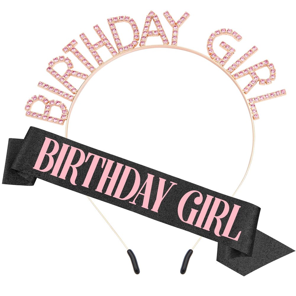 Birthday Girl Sash and Tiara Set - Pink and Black Glitter Sash, Crown, Rhinestone Headband for Women - Happy Birthday Decorations Accessories
