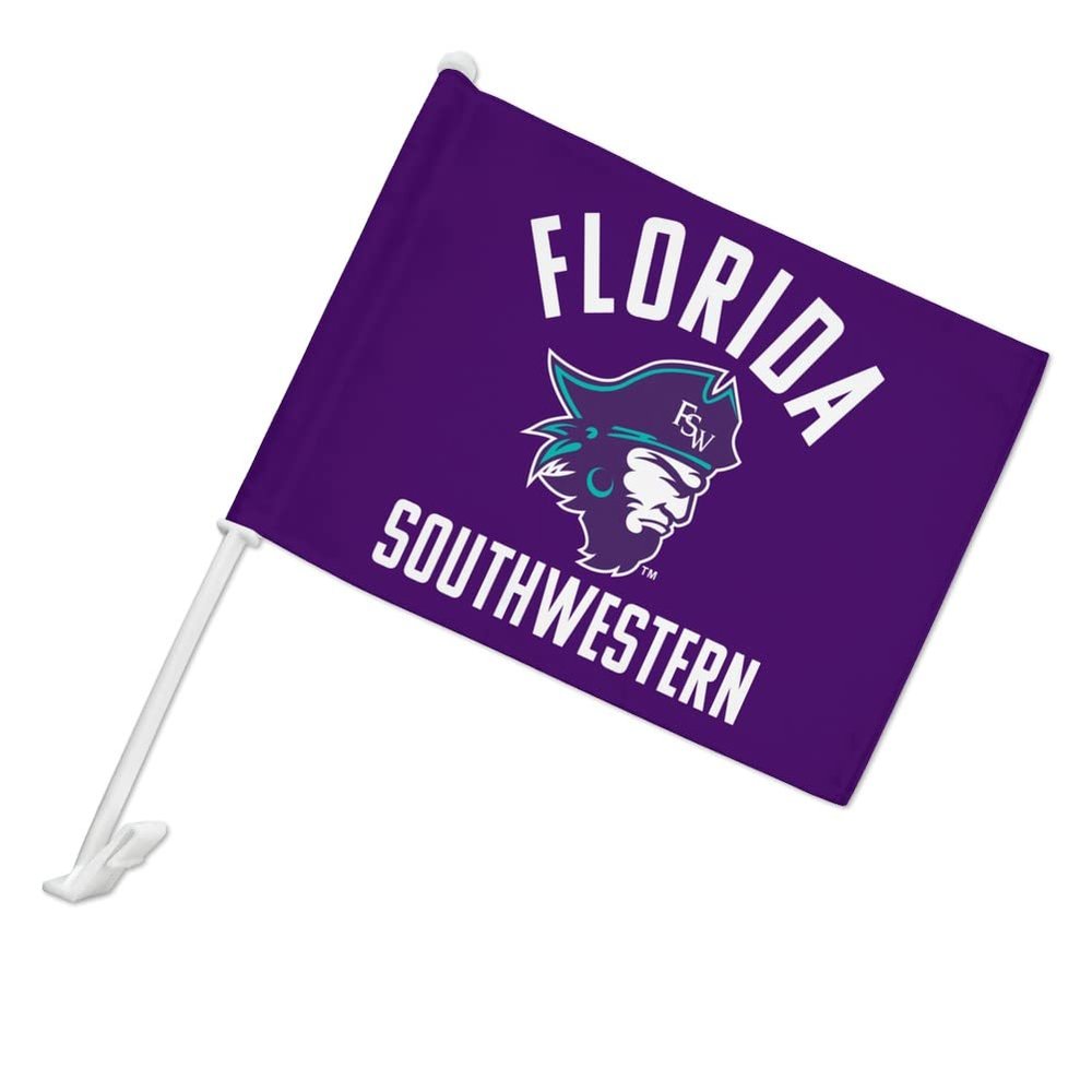 Florida Southwestern State College Buccaneers Logo Car Truck Flag with Window Clip On Pole Holder - Left Driver Side