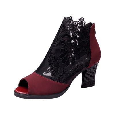 SACFOF Sandals for Women Peep Toe Side Lace Floral Embroidered Chunky Heel Sandals Wedding Pumps Block Heeled Shoes