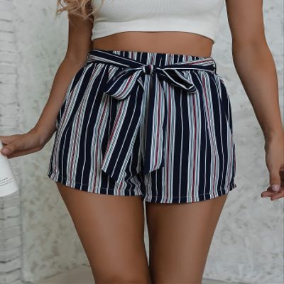 AMDMG Shorts for Women Striped Self Tie Shorts (Color : Multicolor, Size : Large)