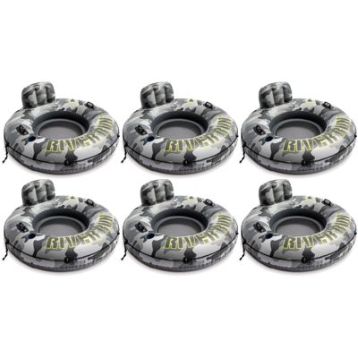 Intex 56835EP River Run I Camo Inflatable Floating Towable Water Tube Raft with Cup Holders and Handles for River, Lake, or Pools, Gray Camo (6 Pack)
