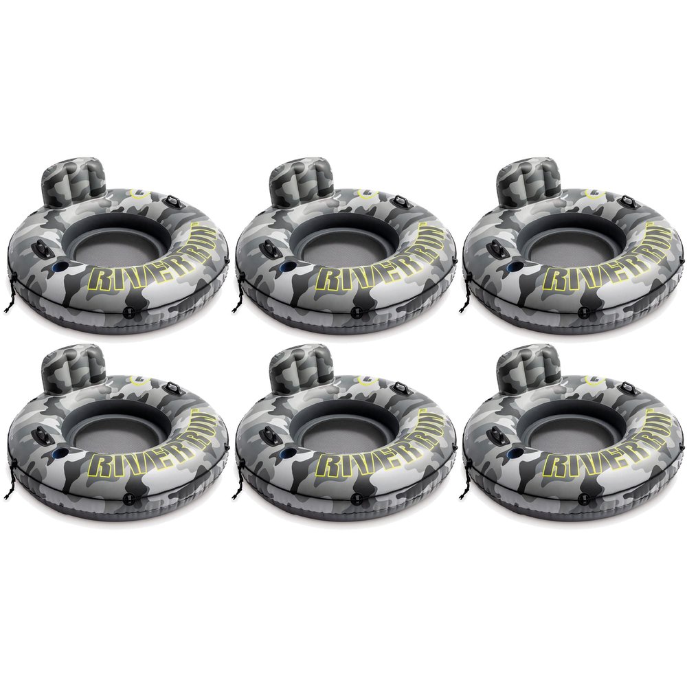 Intex 56835EP River Run I Camo Inflatable Floating Towable Water Tube Raft with Cup Holders and Handles for River, Lake, or Pools, Gray Camo (6 Pack)
