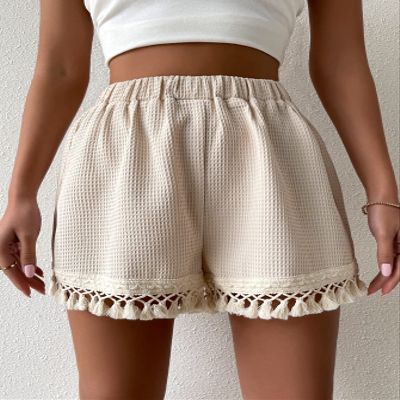 AMDMG Shorts for Women Fringe Trim High Waist Shorts (Color : Beige, Size : Medium)