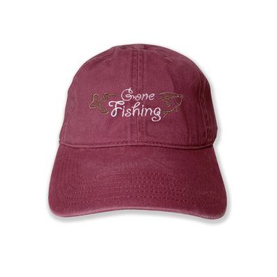 USmania Gone Fishing Embroidered Cap Baseball Hat Washed Dad Cap (Maroon)
