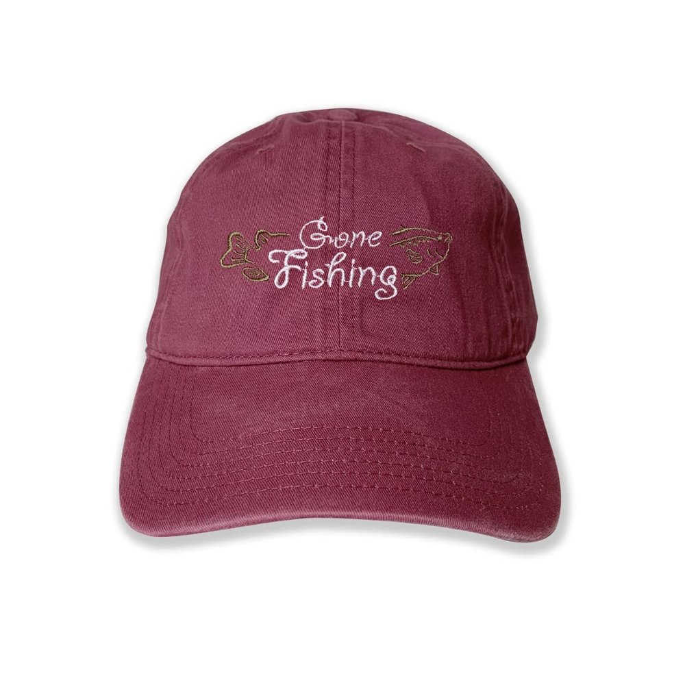 USmania Gone Fishing Embroidered Cap Baseball Hat Washed Dad Cap (Maroon)