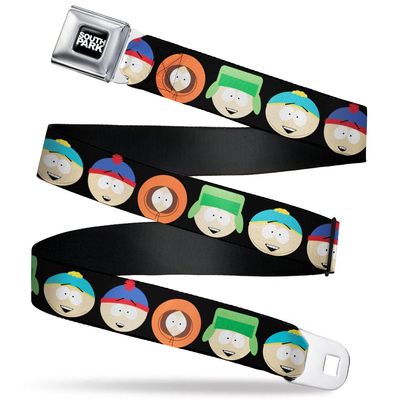 Paramount Network Belt, Seatbelt Buckle Belt, South Park Boys Face Repeat Black, 30 to 44 Inches