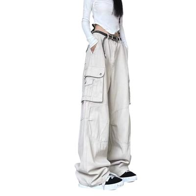 UICIOP Gothic Cargo Pants Women's Pocket Pleated Cargo Pants Women's Loose Wide Leg Trousers Casual Straight Trousers (Apricot,XL,X-Large)