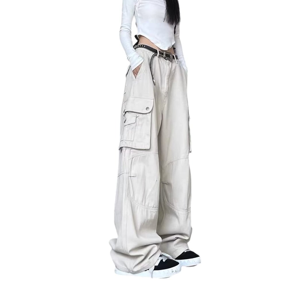 UICIOP Gothic Cargo Pants Women's Pocket Pleated Cargo Pants Women's Loose Wide Leg Trousers Casual Straight Trousers (Apricot,XL,X-Large)