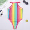 FYMNSI Women Rainbow Striped Fishnet Mesh Bodysuit Colorful Rave Outfit Dress Swimsuit Beach Cover Up Bikini See Through Leotard Lingerie One Piece Clubwear Exotic Wear Dance Festival Outfits Pink M view 4
