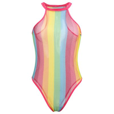 FYMNSI Women Rainbow Striped Fishnet Mesh Bodysuit Colorful Rave Outfit Dress Swimsuit Beach Cover Up Bikini See Through Leotard Lingerie One Piece Clubwear Exotic Wear Dance Festival Outfits Pink S