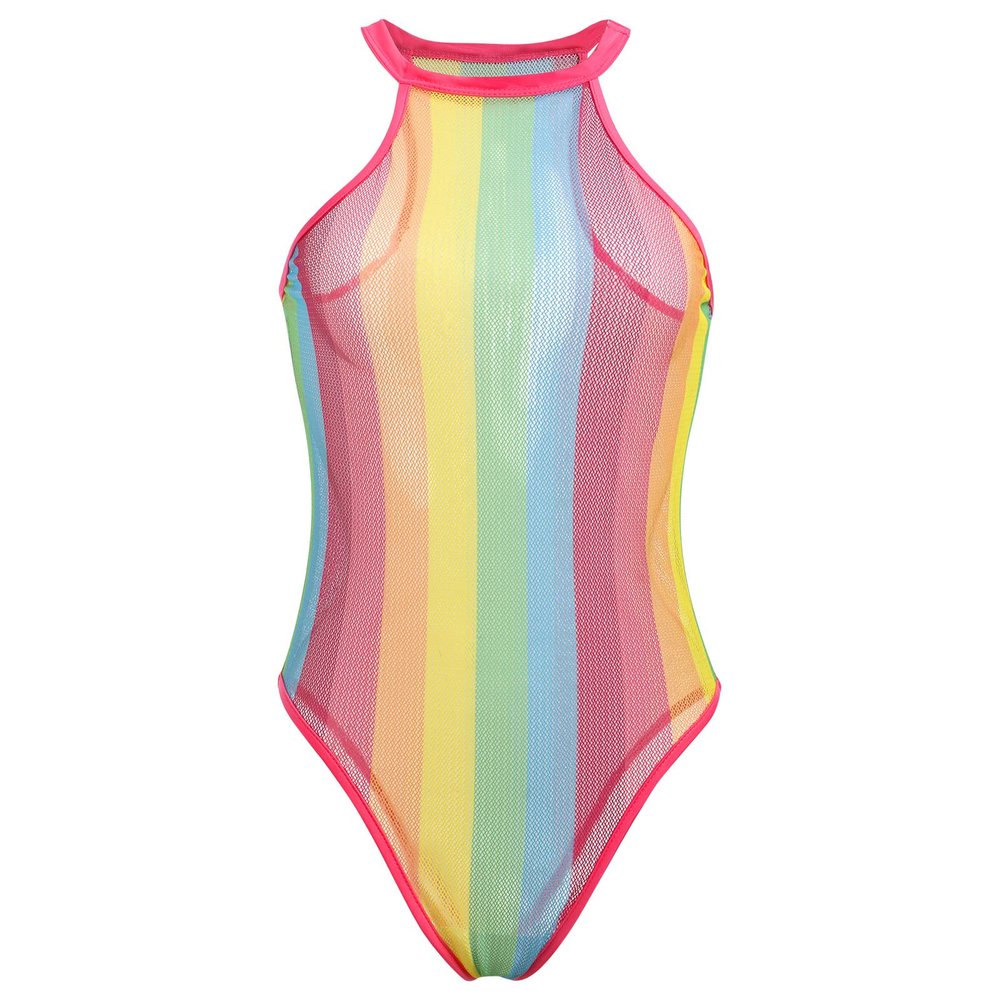 FYMNSI Women Rainbow Striped Fishnet Mesh Bodysuit Colorful Rave Outfit Dress Swimsuit Beach Cover Up Bikini See Through Leotard Lingerie One Piece Clubwear Exotic Wear Dance Festival Outfits Pink S